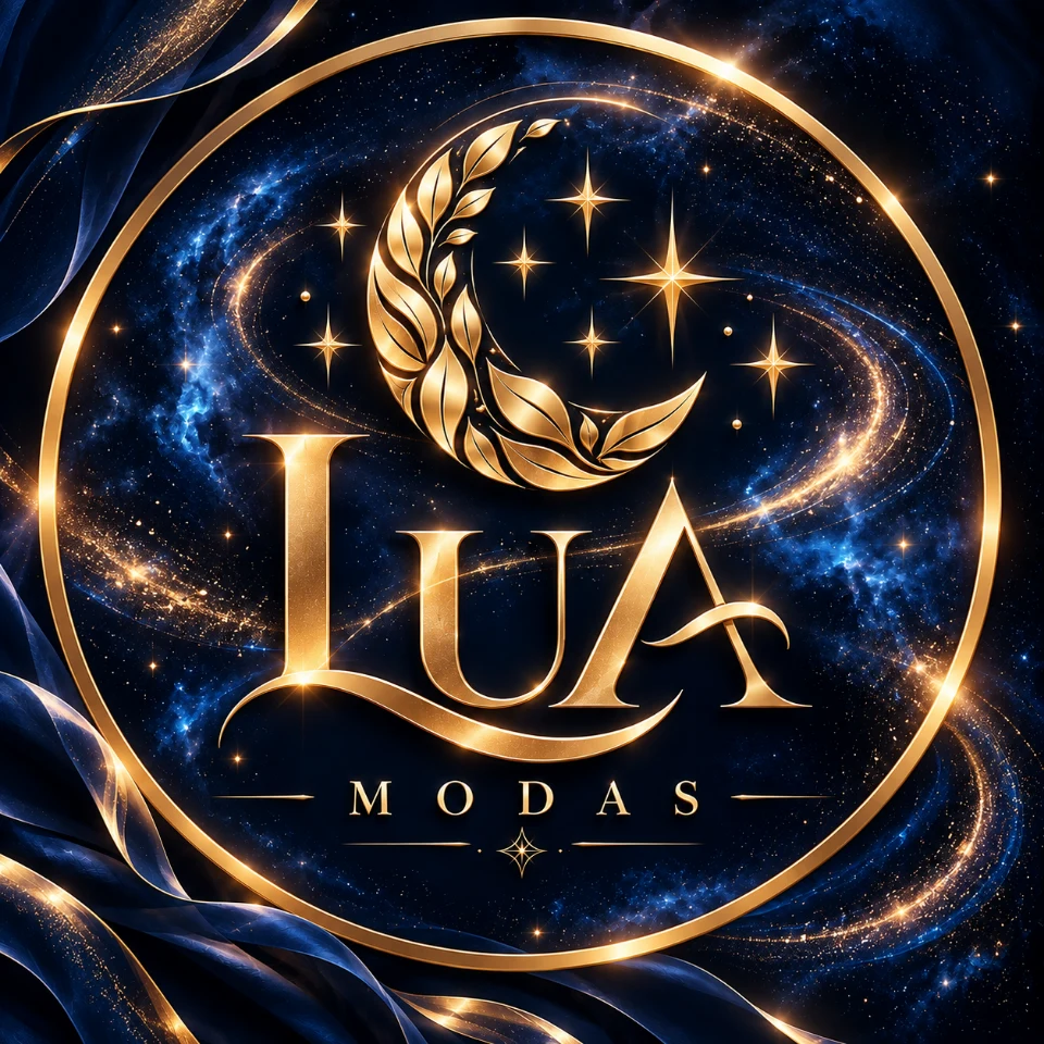 Logo oficial Lua Modas: crescente dourado em céu azul profundo
